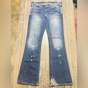 Classic Blue Flare Jeans with Bleached Spots by Hippie.